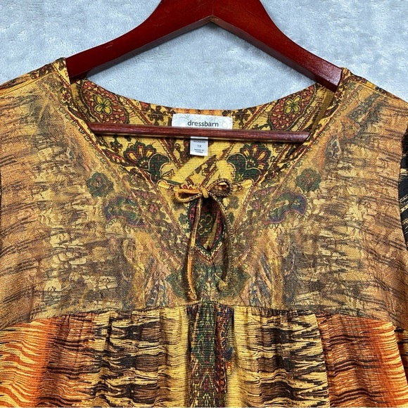 Dressbarn Boho Peasant Puff Sleeve Blouse Keyhole Aztec Southwestern Print Lace - Picture 3 of 13